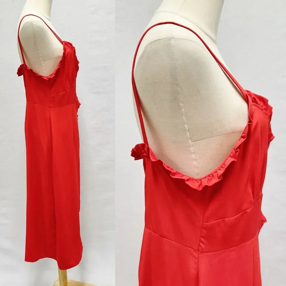 Topshop red ruffle accent button up sweetheart midi sunndress US size 8‎